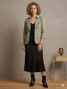 White House Black Market Sage Green Ruffle-Trim Utility Blazer